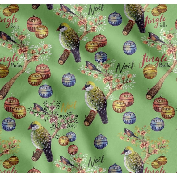 Soimoi Cotton Voile Fabric Floral,Birds & Baubles Christmas Printed Fabric 1 Yard 56 Inch Wide