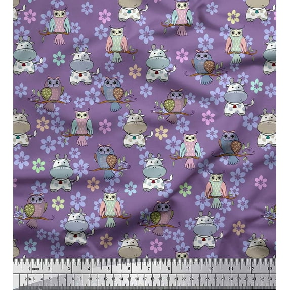 Soimoi Cotton Voile Fabric Floral,Owl & Cow Cartoon Print Fabric by The Yard 42 Inch Wide