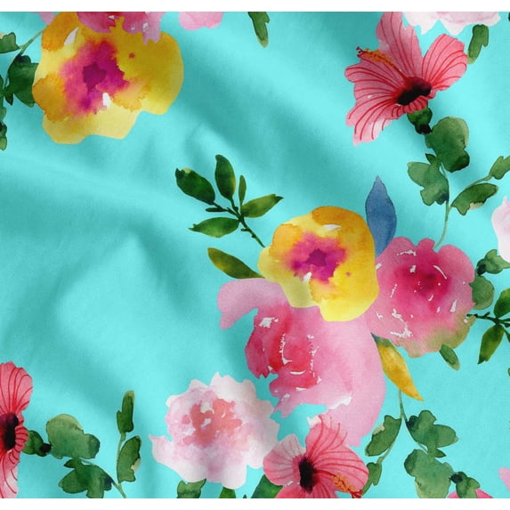 Soimoi Cotton Voile Fabric Flower & Leaves Watercolor Printed Craft Fabric by the Yard 42 Inch Wide