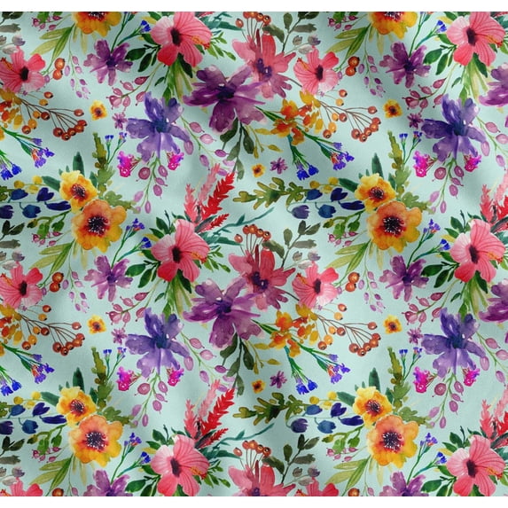Soimoi Cotton Voile Fabric Flower & Leaves Watercolor Printed Fabric 1 Yard 56 Inch Wide