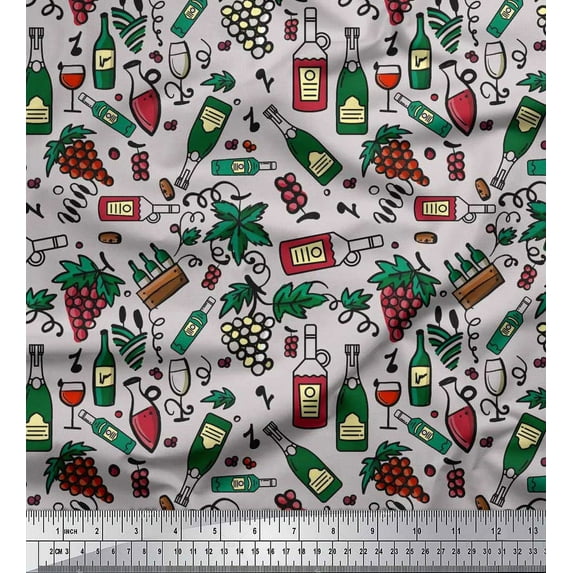 Soimoi Cotton Voile Fabric Grapes Wine Bottle & Glass Bar Printed Fabric 1 Yard 56 Inch Wide