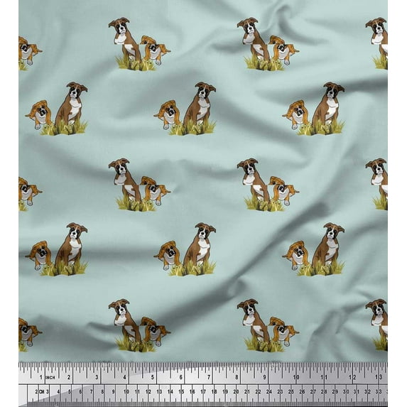 Soimoi Cotton Voile Fabric Grass & Boxer Dog Fabric Prints by Yard 56 Inch Wide