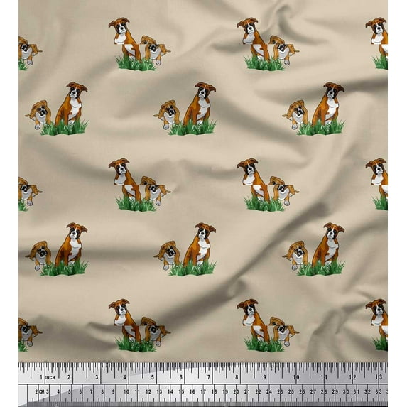 Soimoi Cotton Voile Fabric Grass & Boxer Dog Print Sewing Fabric Yard 56 Inch Wide