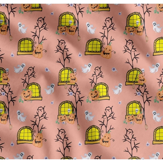 Soimoi Cotton Voile Fabric Haunted House,Pumpkin & Ghost Halloween Decor Fabric Printed Yard 42 Inch Wide