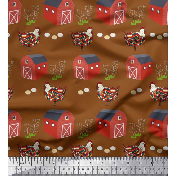 Soimoi Cotton Voile Fabric Hut,Egg & Hen Farm Fabric Prints by Yard 42 Inch Wide