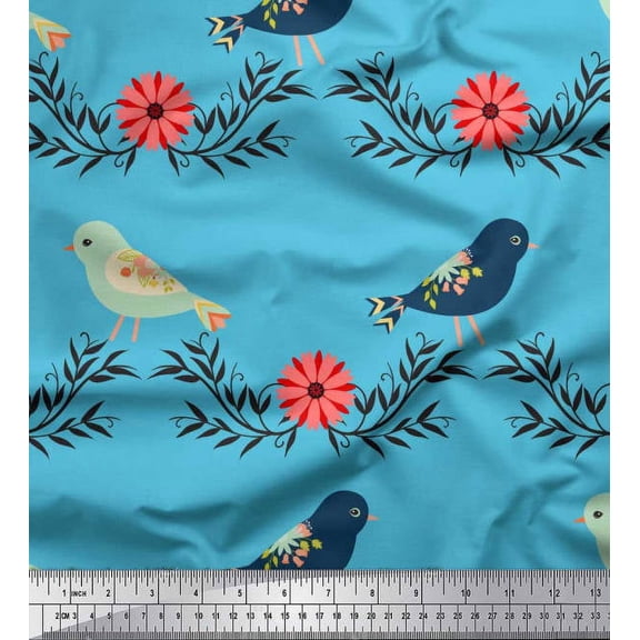 Soimoi Cotton Voile Fabric Leaves,Bird & Floral Clip Art Fabric Prints By Yard 56 Inch Wide