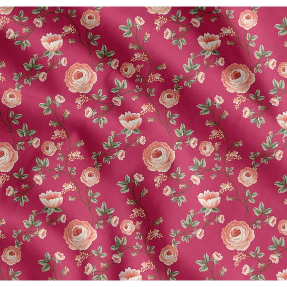 Soimoi Cotton Voile Fabric Leaves & Camellias Floral Print Fabric by The Yard 42 Inch Wide