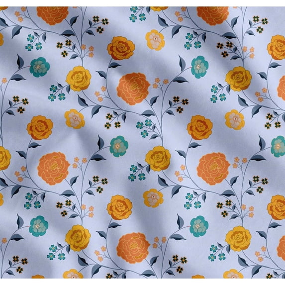 Soimoi Cotton Voile Fabric Leaves & Camellias Floral Print Fabric by The Yard 56 Inch Wide