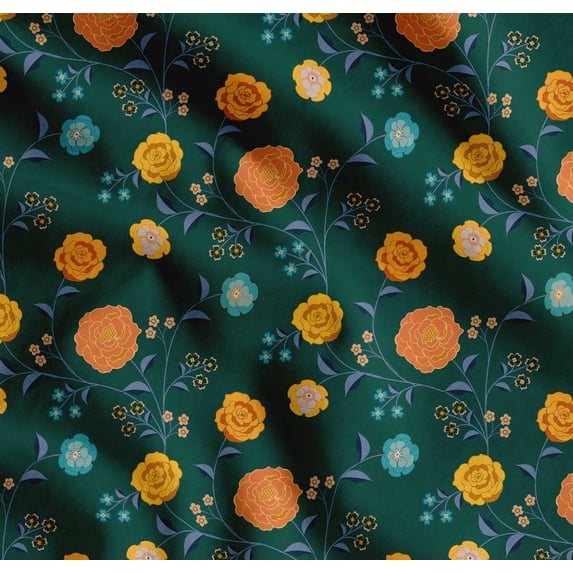 Soimoi Cotton Voile Fabric Leaves & Camellias Floral Print Fabric by Yard 42 Inch Wide