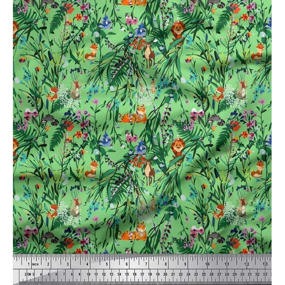 Soimoi Cotton Voile Fabric Leaves & Cartoon Animals Jungle Print Fabric by The Yard 56 Inch Wide