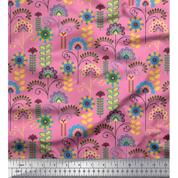 Soimoi Cotton Voile Fabric Leaves & Floral Clip Art Print Fabric by The Yard 42 Inch Wide