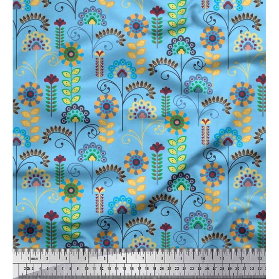 Soimoi Cotton Voile Fabric Leaves & Floral Clip Art Print Fabric by The Yard 56 Inch Wide