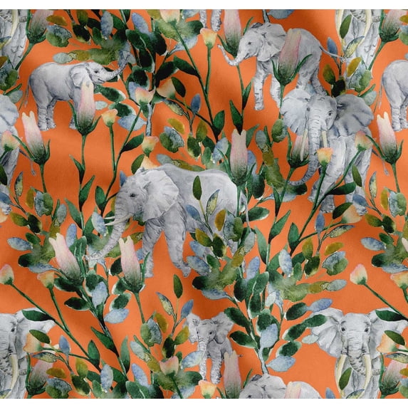 Soimoi Cotton Voile Fabric Leaves,Floral & Elephant Animal Decor Fabric Printed Yard 42 Inch Wide