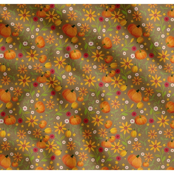 Soimoi Cotton Voile Fabric Leaves,Floral & Pumpkin Vegetable Print Fabric by Yard 56 Inch Wide