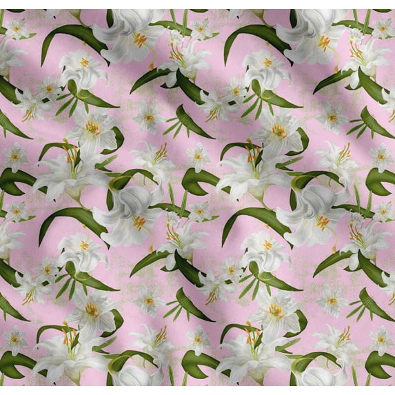Soimoi Cotton Voile Fabric Leaves & Lily Floral Print Fabric by The Yard 42 Inch Wide