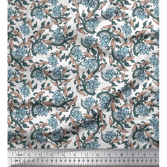 Soimoi Cotton Voile Fabric Leaves & Lotus Block Decor Fabric Printed Yard 42 Inch Wide