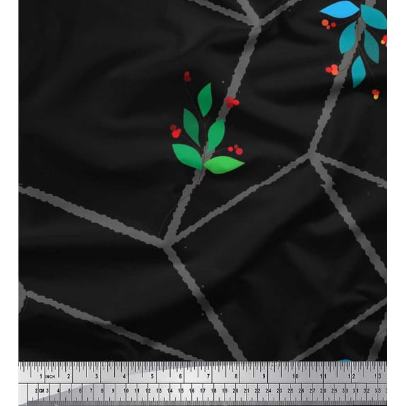 Soimoi Cotton Voile Fabric Leaves,Red Berries & Maze Cube Geometric Print Sewing Fabric Yard 56 Inch Wide