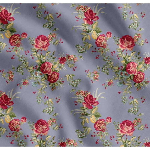 Soimoi Cotton Voile Fabric Leaves,Red Berries & Rose Floral Decor Fabric Printed Yard 56 Inch Wide