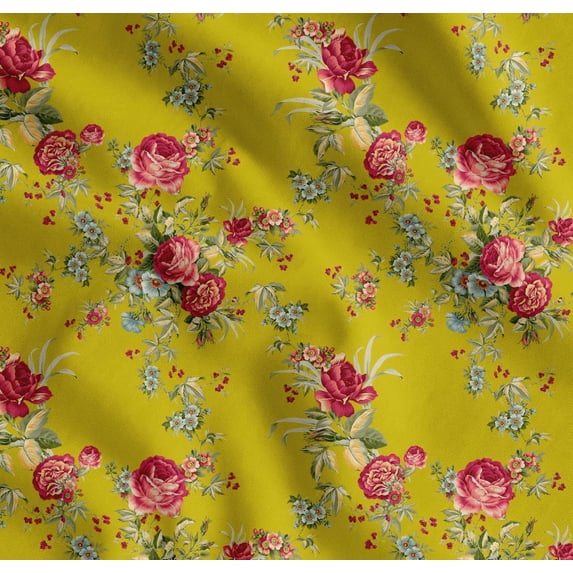 Soimoi Cotton Voile Fabric Leaves,Red Berries & Rose Floral Fabric Prints by Yard 56 Inch Wide