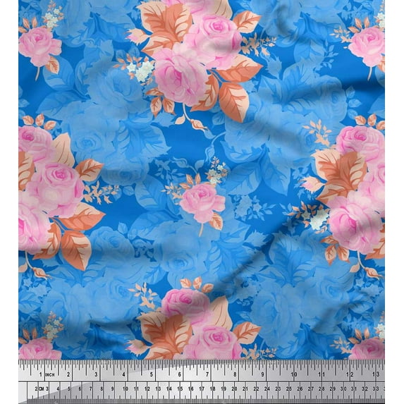 Soimoi Cotton Voile Fabric Leaves & Rose Floral Print Sewing Fabric Yard 42 Inch Wide