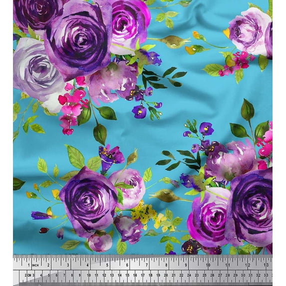 Soimoi Cotton Voile Fabric Leaves & Rose Flower Printed Fabric 1 Yard 42 Inch Wide