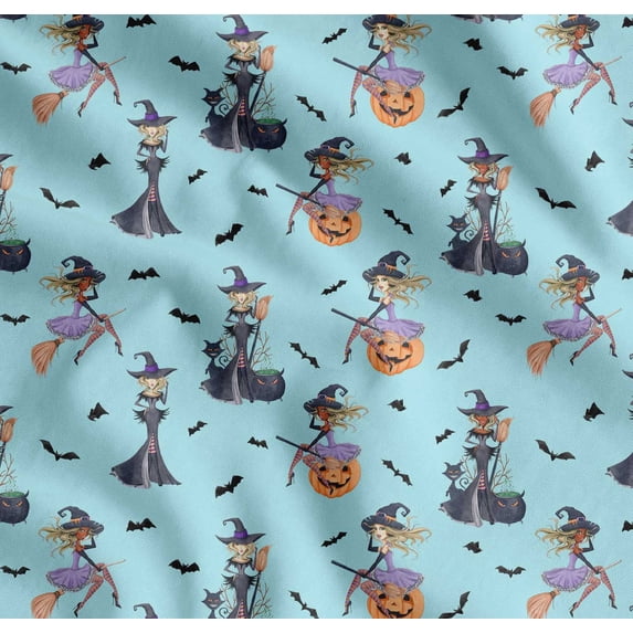 Soimoi Cotton Voile Fabric Magic Potion,Bat & Witch Halloween Print Fabric by The Yard 56 Inch Wide