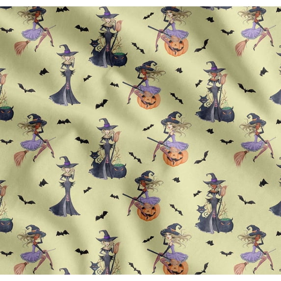Soimoi Cotton Voile Fabric Magic Potion,Bat & Witch Halloween Printed Craft Fabric by The Yard 56 Inch Wide