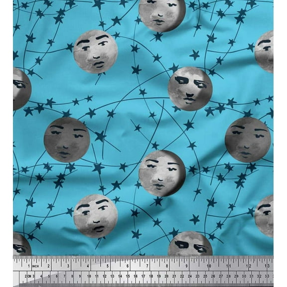 Soimoi Cotton Voile Fabric Moon & Stars Galaxy Printed Fabric 1 Yard 42 Inch Wide