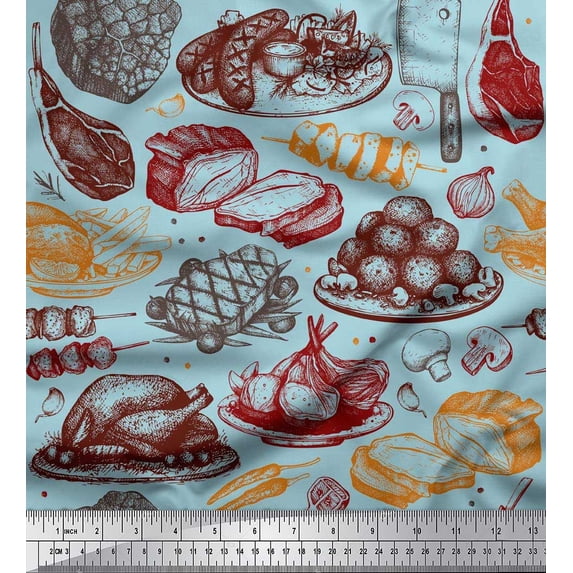 Soimoi Cotton Voile Fabric Non Veg Dishes & Bread Food Print Sewing Fabric Yard 42 Inch Wide