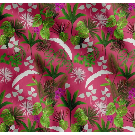 Soimoi Cotton Voile Fabric Orchid,Palm & Monstera Tropical Decor Fabric Printed Yard 42 Inch Wide