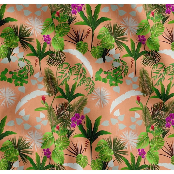 Soimoi Cotton Voile Fabric Orchid,Palm & Monstera Tropical Print Fabric by Yard 56 Inch Wide