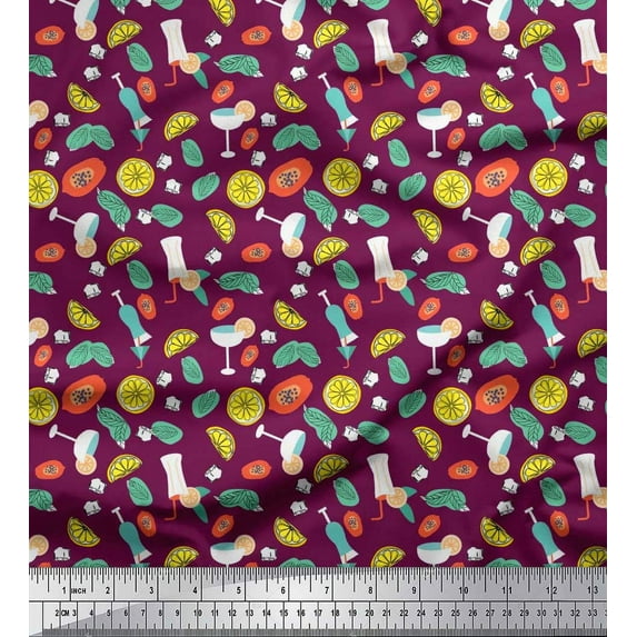 Soimoi Cotton Voile Fabric Papaya,Lemon & Juice Beverages Printed Fabric 1 Yard 42 Inch Wide