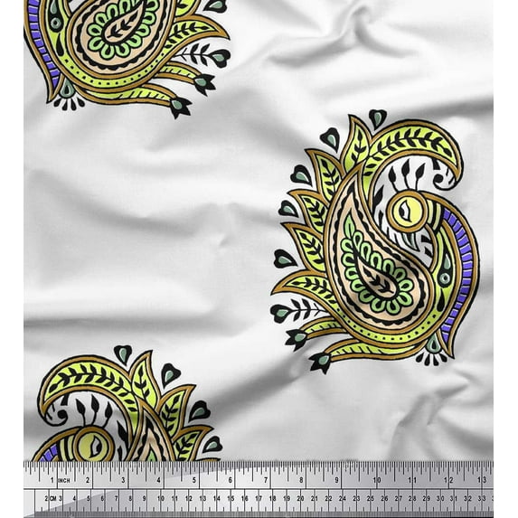 Soimoi Cotton Voile Fabric Peacock Block Print Fabric by Yard 56 Inch Wide
