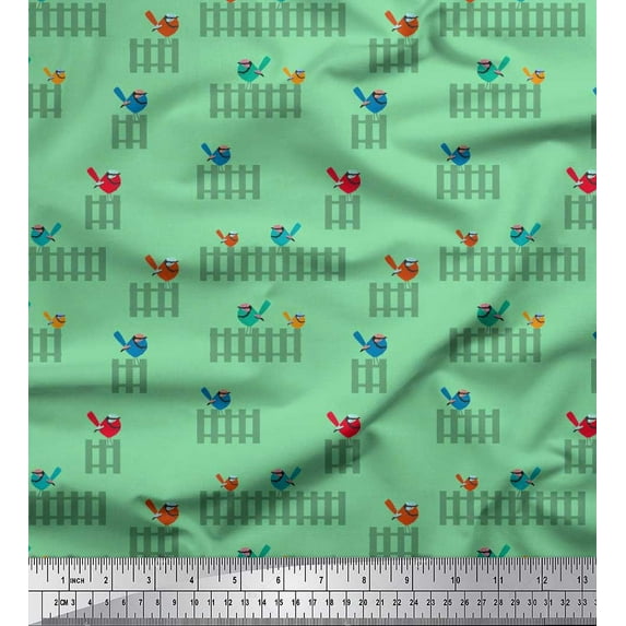 Soimoi Cotton Voile Fabric Picket Fence & Bird Artistic Printed Fabric 1 Yard 42 Inch Wide