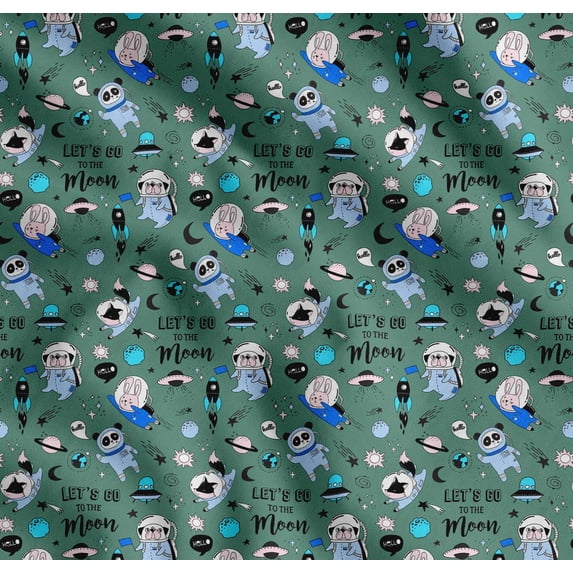 Soimoi Cotton Voile Fabric Planet,Rocket & Astronaut Animals Cartoon Decor Fabric Printed Yard 42 Inch Wide