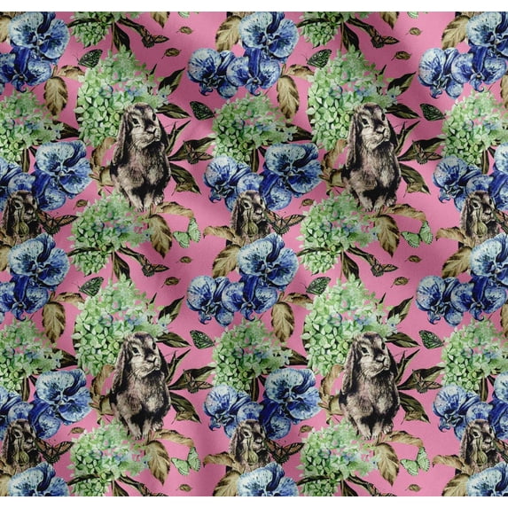 Soimoi Cotton Voile Fabric Rabbit,Lilac & Pansy Floral Decor Fabric Printed Yard 56 Inch Wide