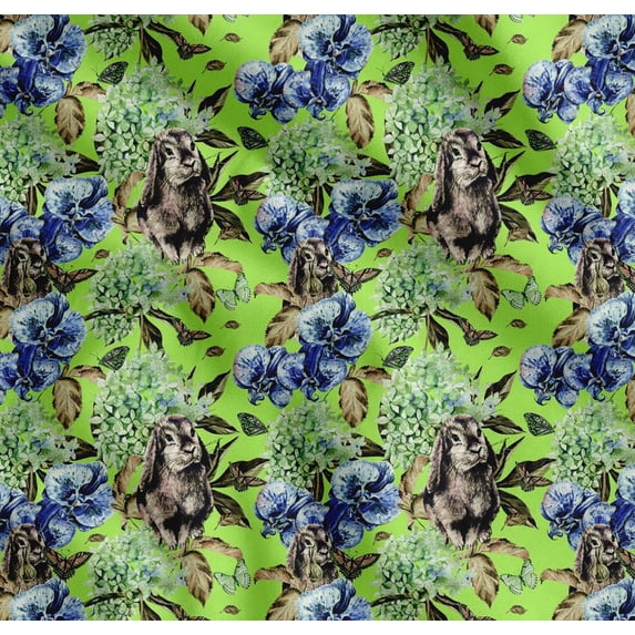 Soimoi Cotton Voile Fabric Rabbit,Lilac & Pansy Floral Print Fabric by the Yard 42 Inch Wide