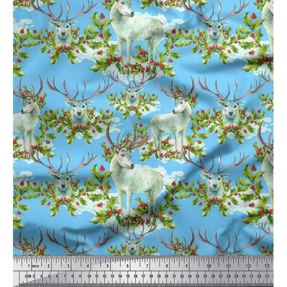 Soimoi Cotton Voile Fabric Red Berries,Holly Leaves & Reindeer Animal Fabric Prints By Yard 56 Inch Wide