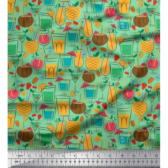 Soimoi Cotton Voile Fabric Straw,Glass & Coconut Drink Summer Designs Printed Fabric 1 Yard 42 Inch Wide