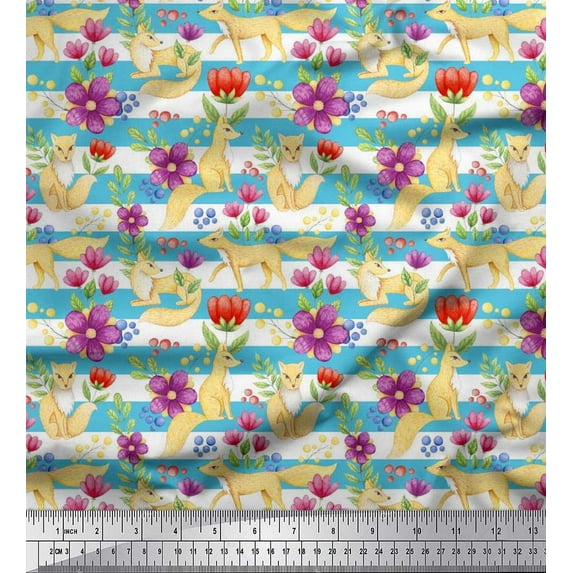 Soimoi Cotton Voile Fabric Stripe,Floral & Fox Animal Print Fabric by the Yard 56 Inch Wide