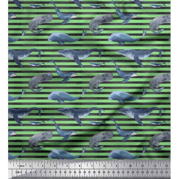 Soimoi Cotton Voile Fabric Stripes & Whale Fish Ocean Print Fabric by The Yard 56 Inch Wide