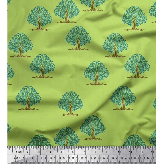 Soimoi Cotton Voile Fabric Tree Block Print Fabric by Yard 56 Inch Wide