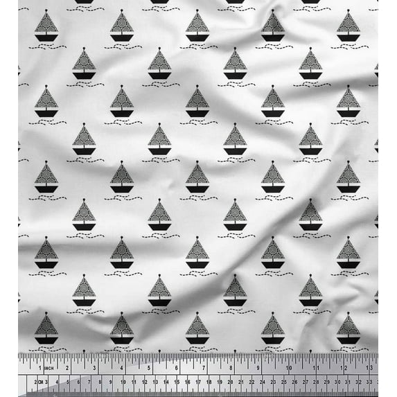 Soimoi Cotton Voile Fabric Yacht & Waves Nautical Print Fabric by the Yard 42 Inch Wide