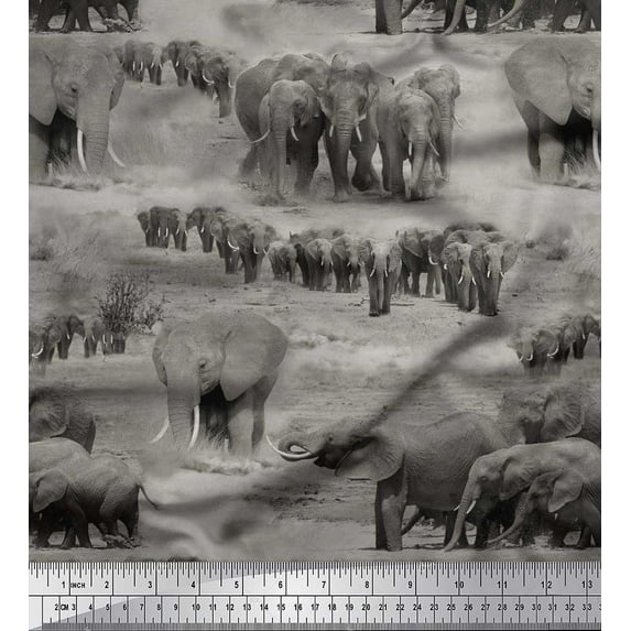 Soimoi Cotton Voile Fabric tree & elephant Animal Printed Craft Fabric by the Yard 42 Inch Wide
