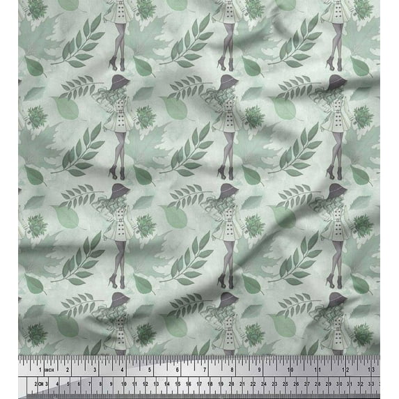 Soimoi Crepe Silk Fabric Autumn Leaves & Girl Women Print Sewing Fabric Yard 42 Inch Wide