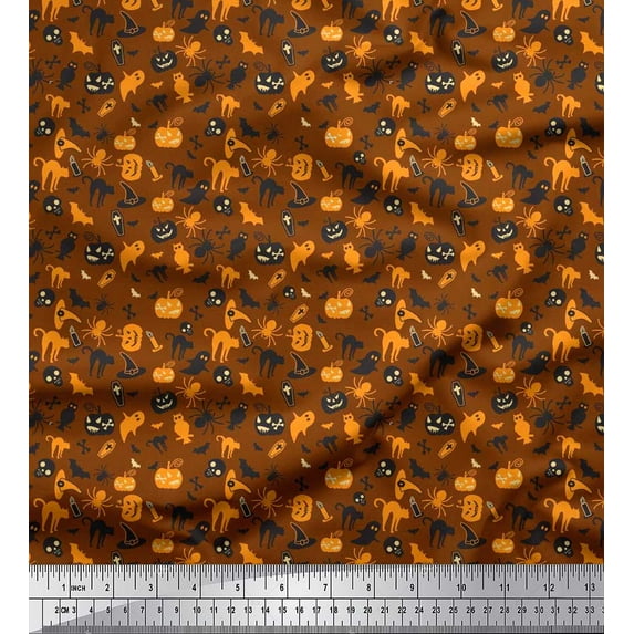 Soimoi Crepe Silk Fabric Bat,Spider & Ghost Halloween Print Sewing Fabric Yard 42 Inch Wide