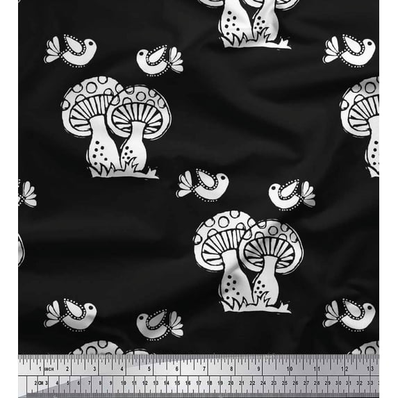 Soimoi Crepe Silk Fabric Bird & Mushroom Block Decor Fabric Printed Yard 42 Inch Wide