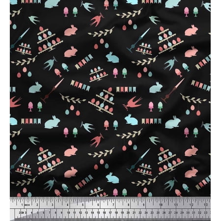 Soimoi Crepe Silk Fabric Celebration Flag,Rabbit & Egg Easter Printed Fabric 1 Yard 42 Inch Wide