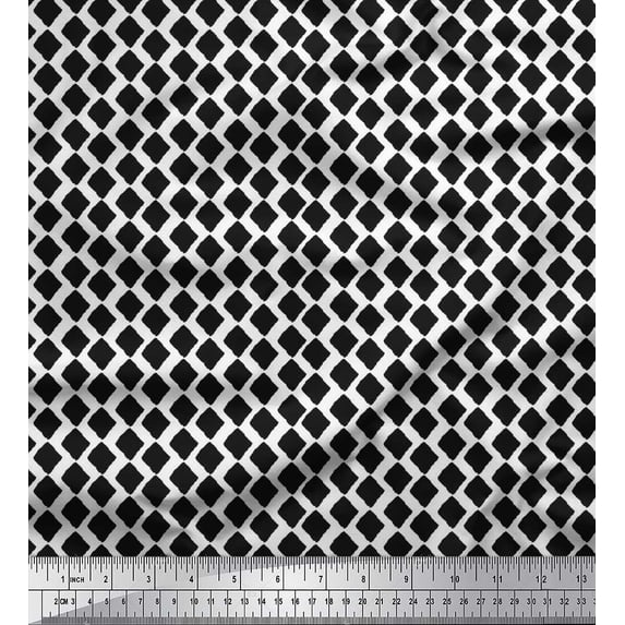 Soimoi Crepe Silk Fabric Diamond Block Print Fabric by The Yard 42 Inch Wide