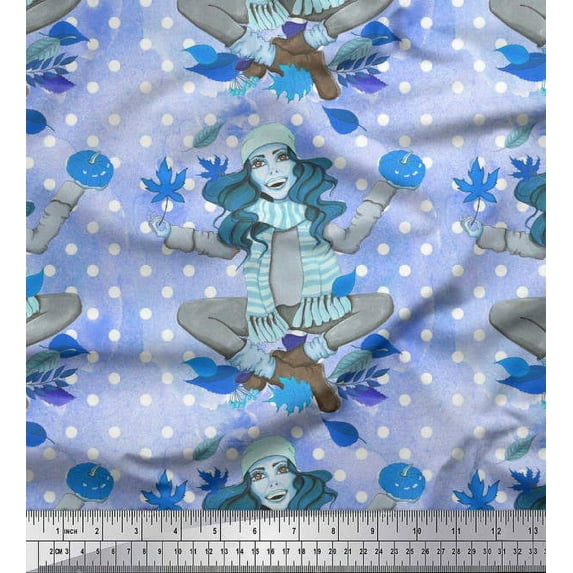 Soimoi Crepe Silk Fabric Dot,Autumn Leaves & Girl Winter Theme Print Fabric by the Yard 42 Inch Wide